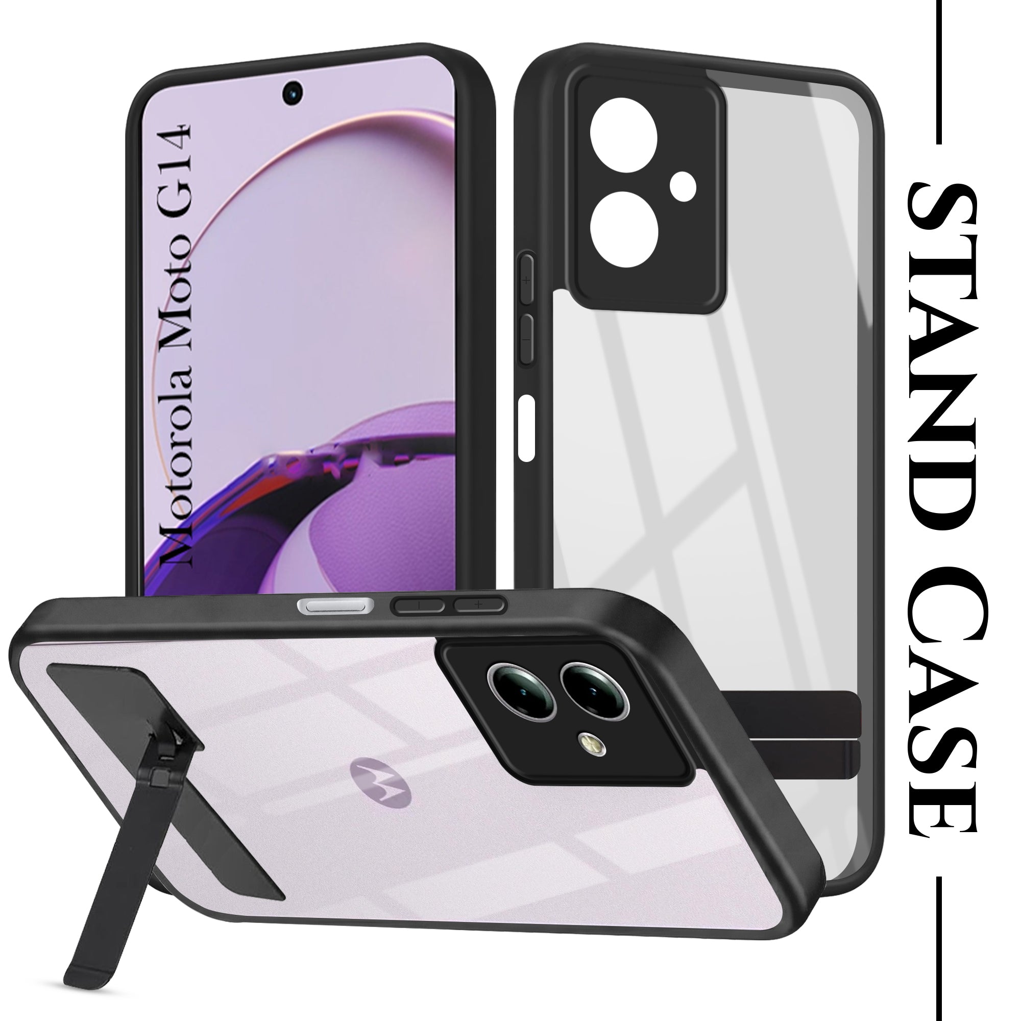 For Motorola Moto G14 Back Cover Case (Built-in Stand | Lifetime Anti Yellow | Kickstand Shockproof | Camera Protection | MagSafe Compatible)