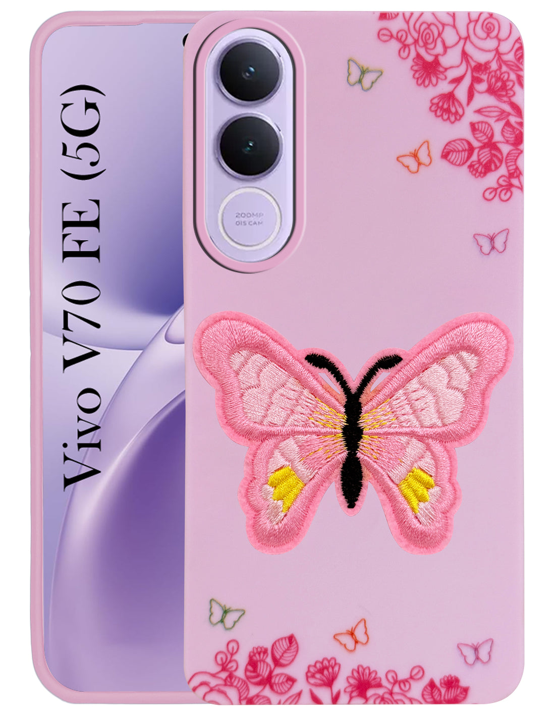 For Vivo V70 FE 5G Back Cover Case (Soft Butterfly Embroidery | Women Teen Girls | Camera Protection| Matte Silicone)