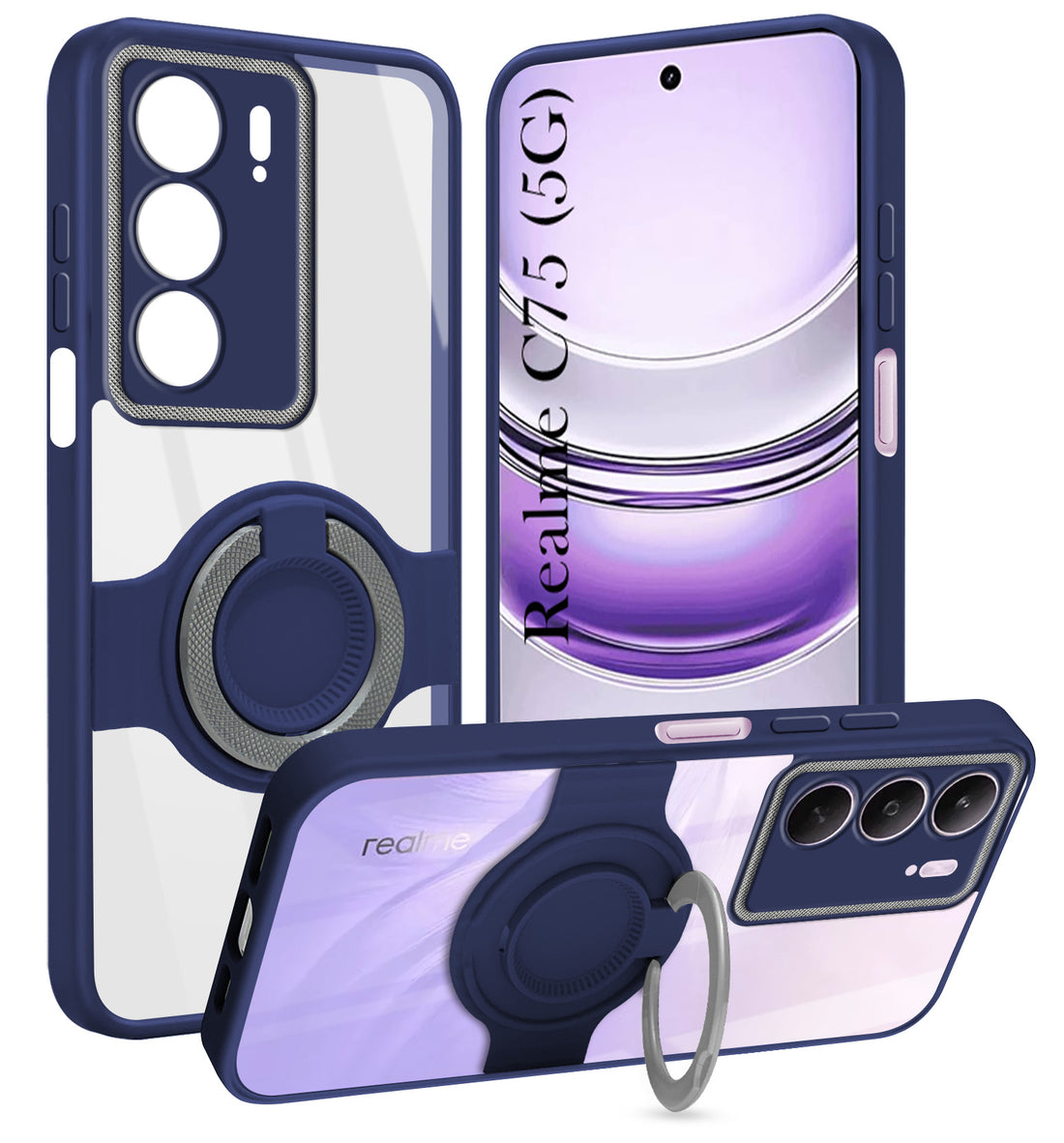 For Realme C75 5G Back Cover Case with stand (Built-in Ring Holder Kickstand | Lifetime Anti Yellow | Camera Protection)