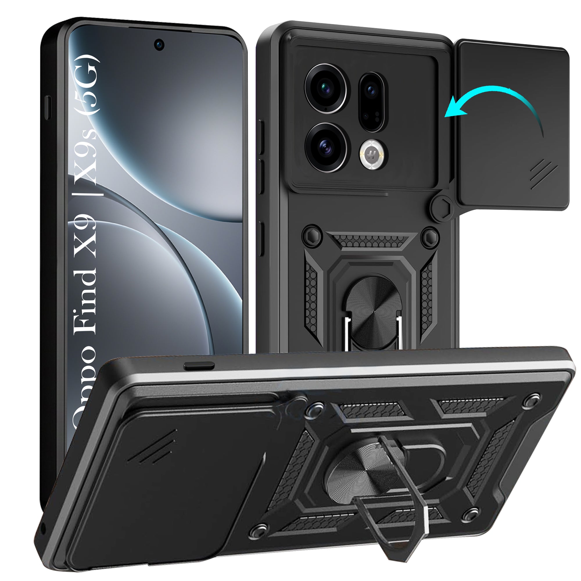 For Oppo Find X9 | Oppo Find X9s Back Cover Case Hybrid Armor (Sliding Shutter Camera Protection | Polycarbonate |Ring Holder Kickstand)