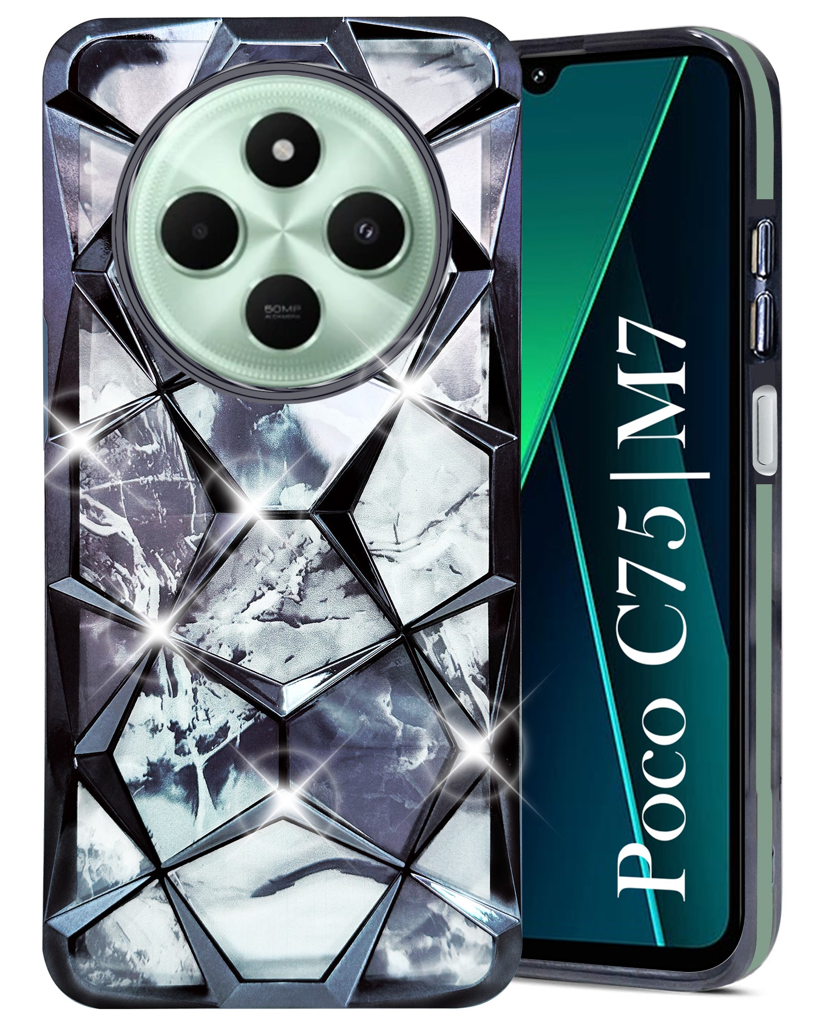 For Poco C75 | Poco M7 Back Cover Case ( Dual Design Glitter Sparkle and Detachable Diamond Print Case | Soft and Flexible)