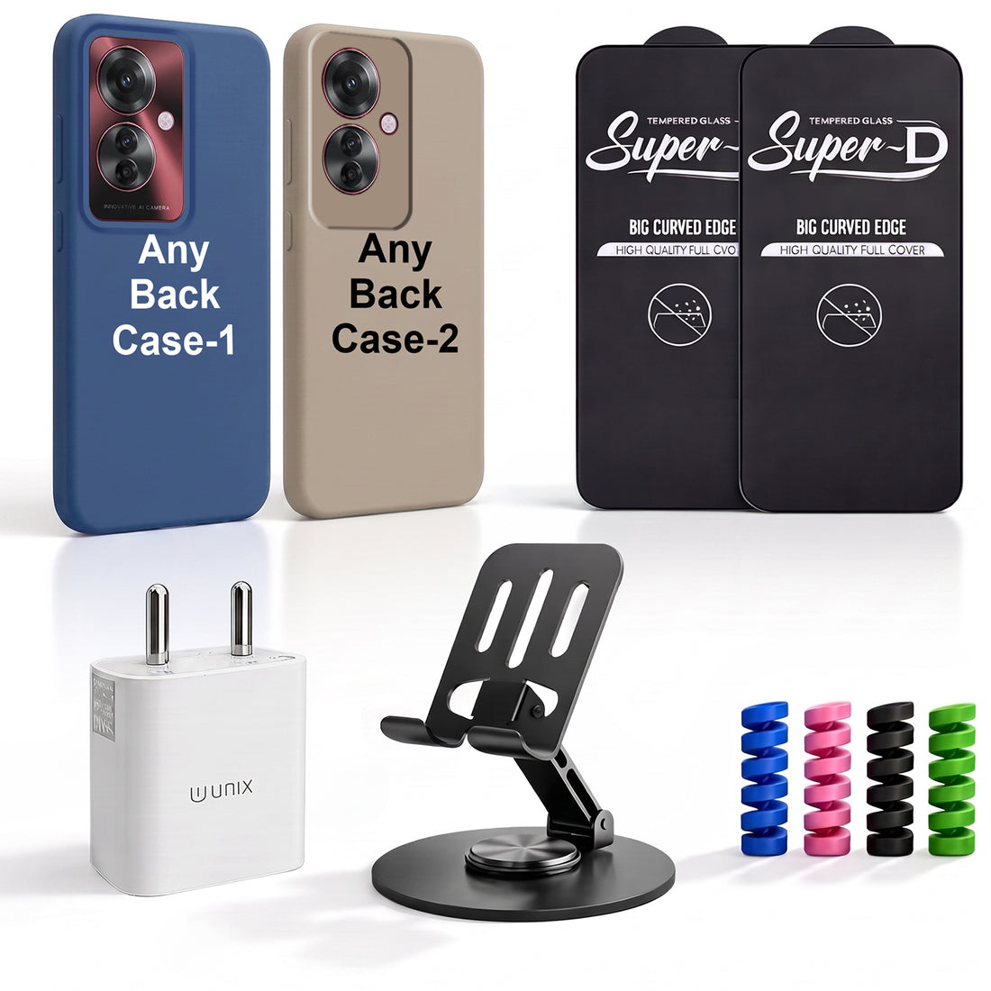 Complete Mobile Care Kit (Get Any 2 Cases+2 Tempered Glass+25W Charger Adapter+Metallic Mobile Stand+Cable Protector)