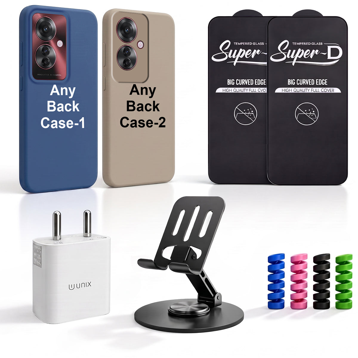 Complete Mobile Care Kit (Get Any 2 Cases+2 Tempered Glass+25W Charger Adapter+Metallic Mobile Stand+Cable Protector)