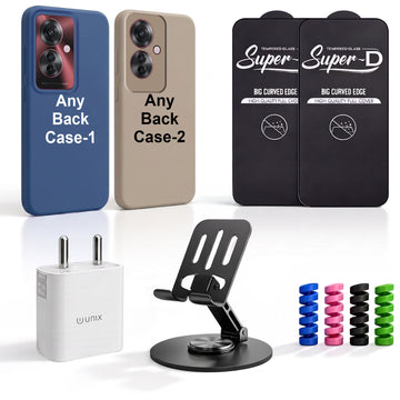 Complete Mobile Care Kit (Get Any 2 Cases+2 Tempered Glass+25W Charger Adapter+Metallic Mobile Stand+Cable Protector)
