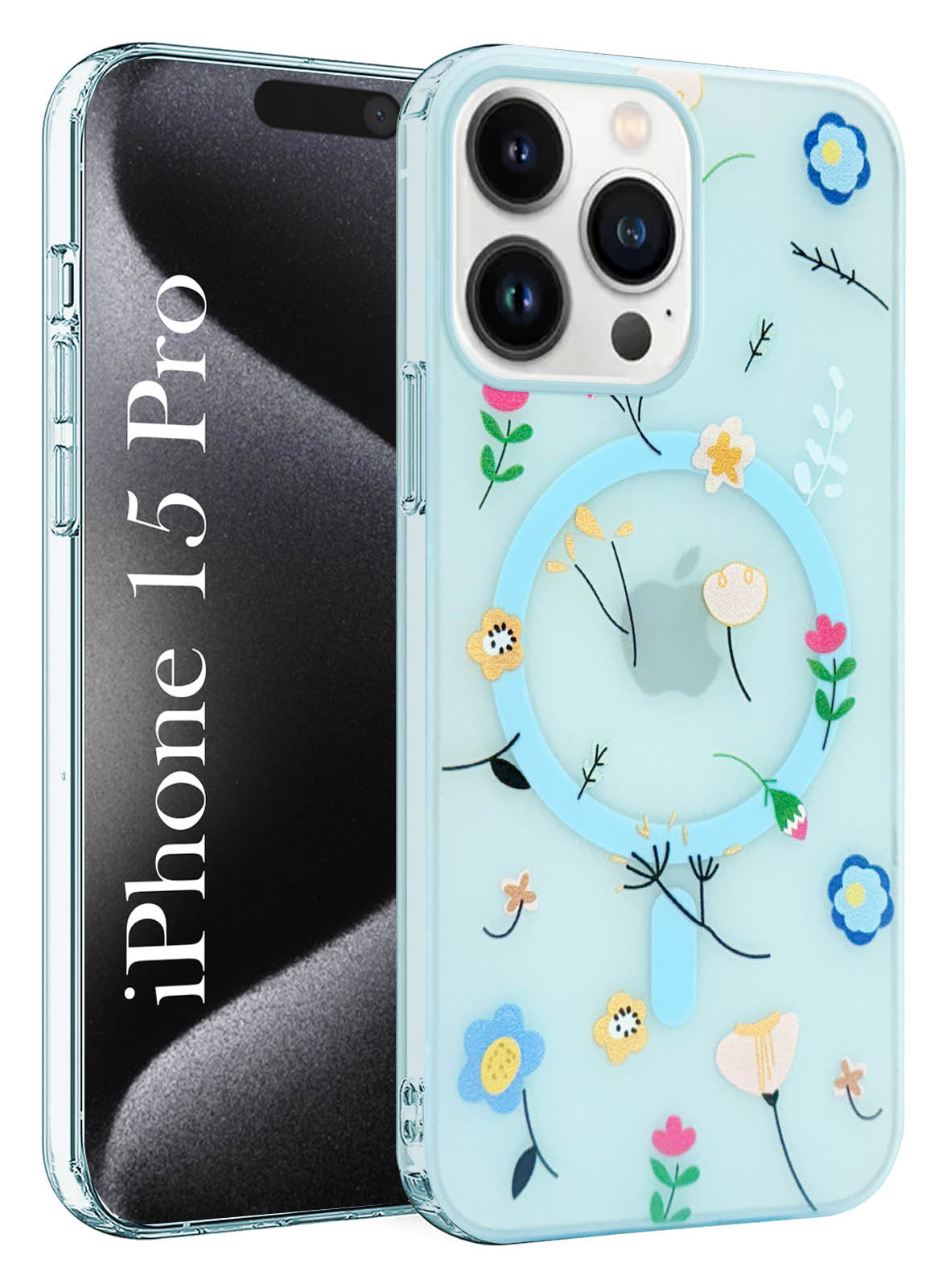 For Apple iPhone 15 Pro Back Cover Case (Cute Floral Design | Flower Print for Girls | MagSafe Compatible Wireless Charging)