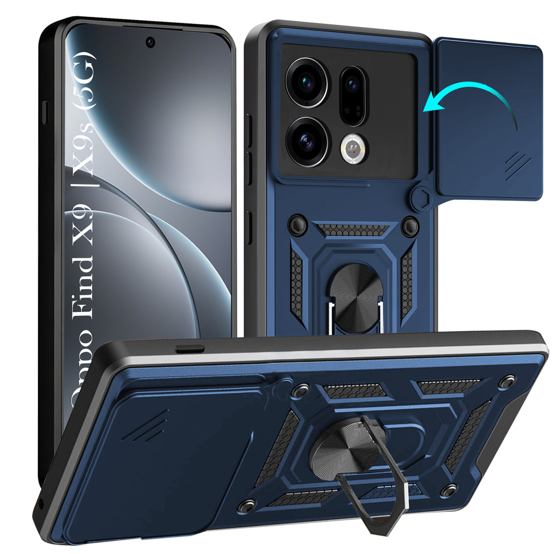 For Oppo Find X9 | Oppo Find X9s Back Cover Case Hybrid Armor (Sliding Shutter Camera Protection | Polycarbonate |Ring Holder Kickstand)