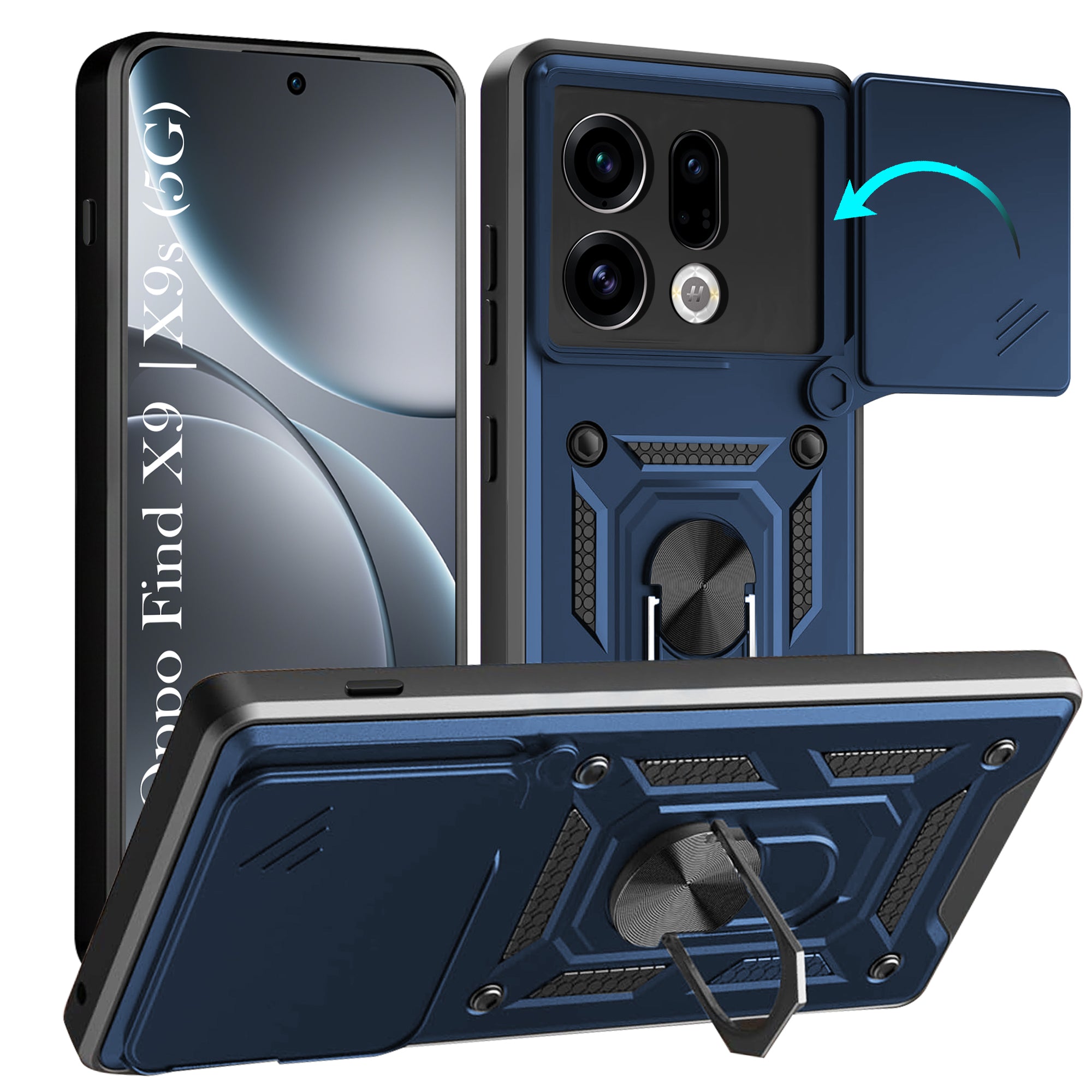 For Oppo Find X9 | Oppo Find X9s Back Cover Case Hybrid Armor (Sliding Shutter Camera Protection | Polycarbonate |Ring Holder Kickstand)