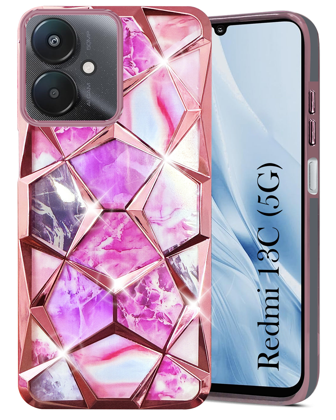 For Redmi 13C 5G Back Cover Case (Dual Design Glitter Sparkle and Detachable Diamond Print Case | Soft and Flexible)