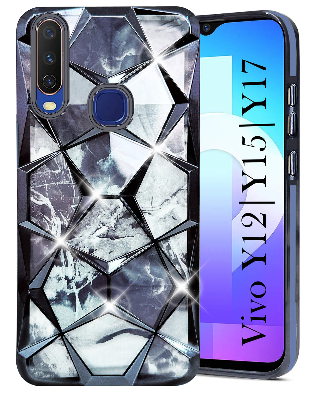 For Vivo Y12 | Y15 | Y17 Back Cover Case Back Cover Case (Dual Design Glitter Sparkle and Detachable Diamond Print Case | Soft and Flexible)