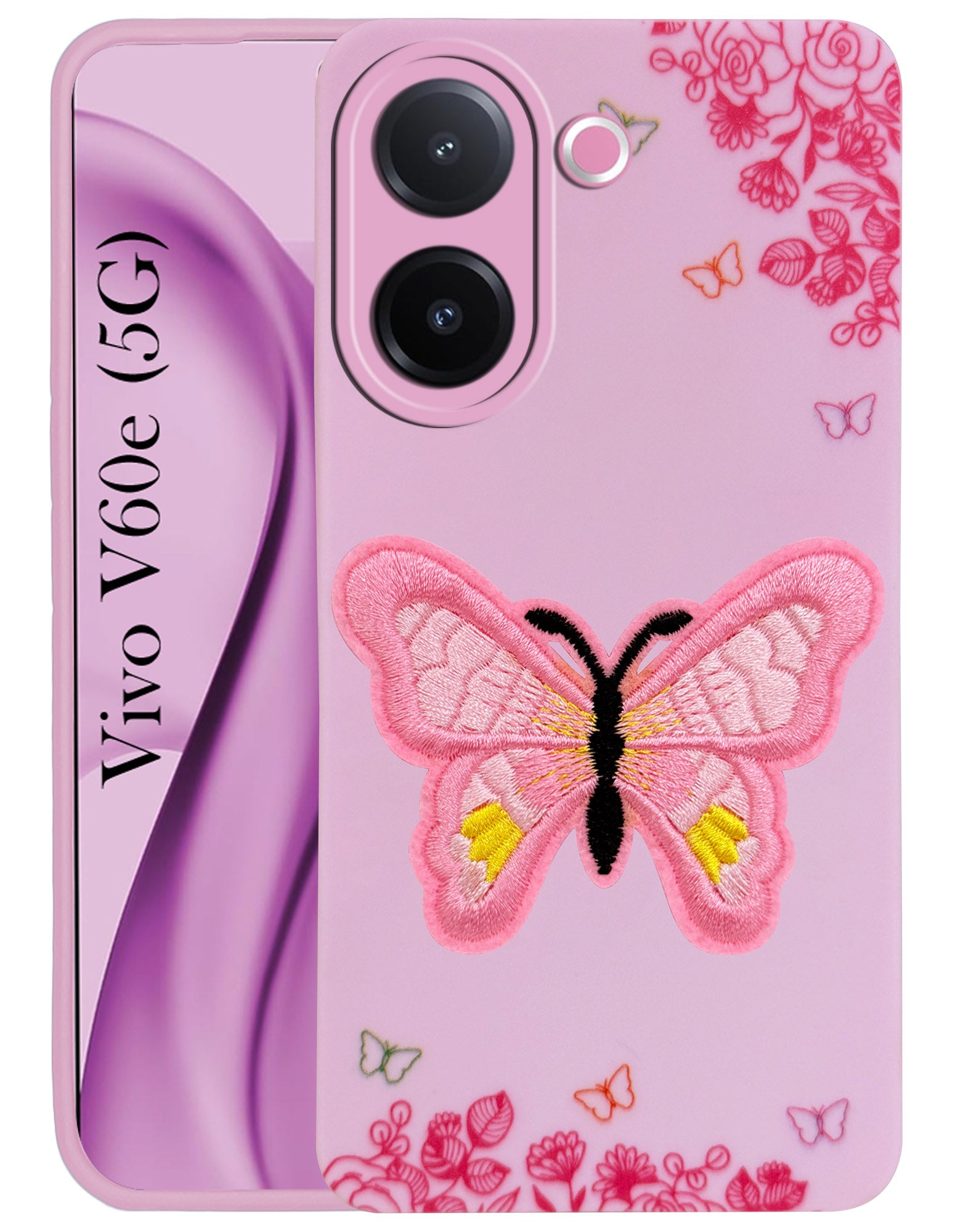 For Vivo V60e Back Cover Case (SoFt Butter Fly Embroidery | Women Teen Girls | Camera Protection| Matte Silicone)
