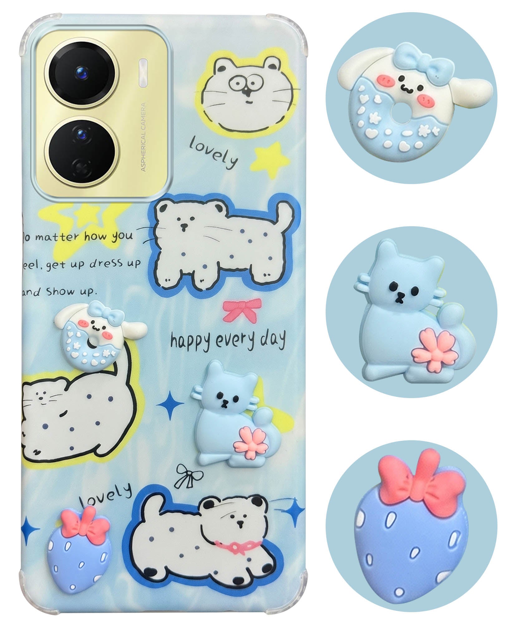 For Vivo Y16 Back Cover Case (3D Cute Cartoons | Hard Back Side Soft | Matte Premium Finish | HD Printing)
