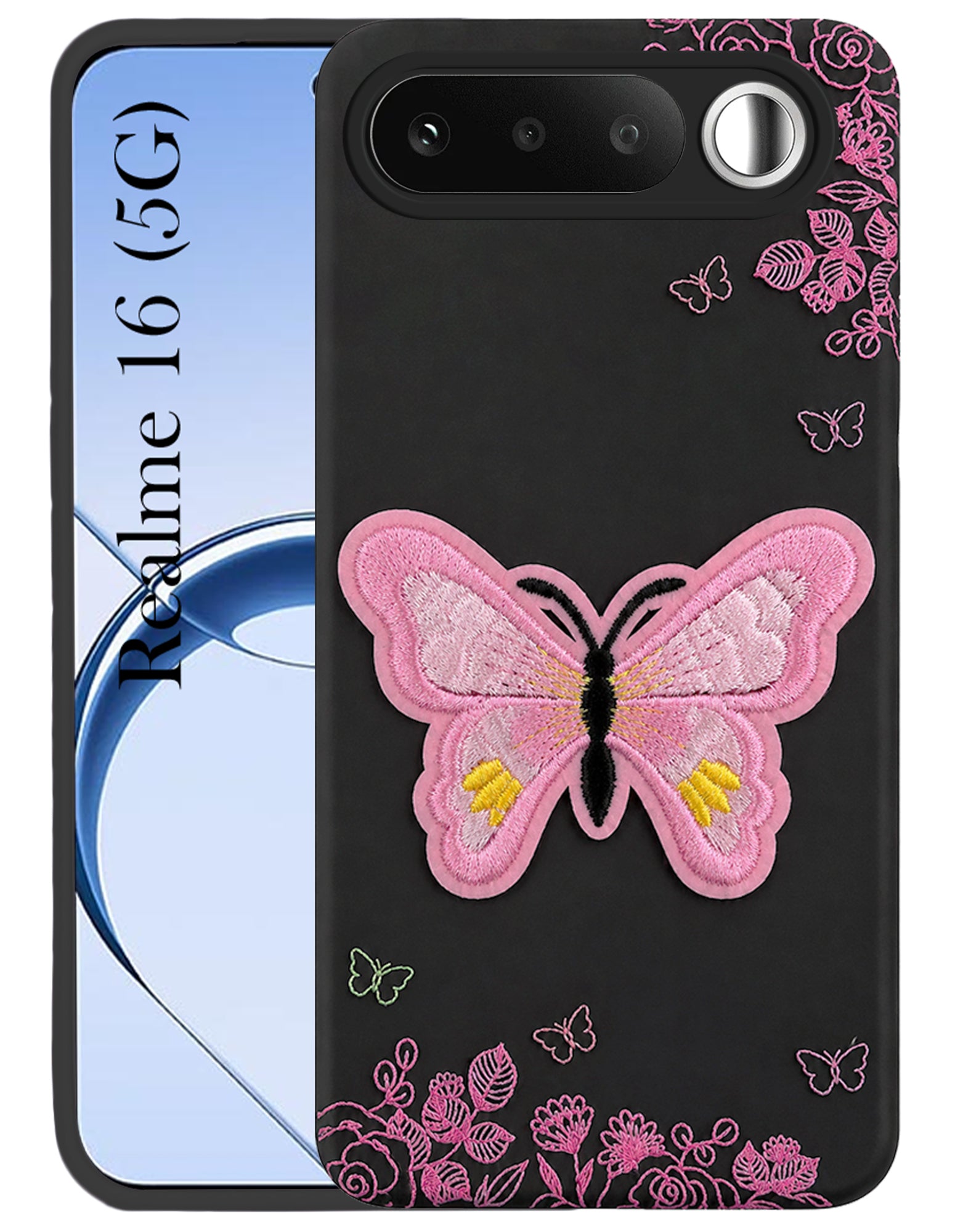 For Realme 16 Back Cover Case (Soft Butterfly Embroidery | Women Teen Girls | Camera Protection| Matte Silicone)