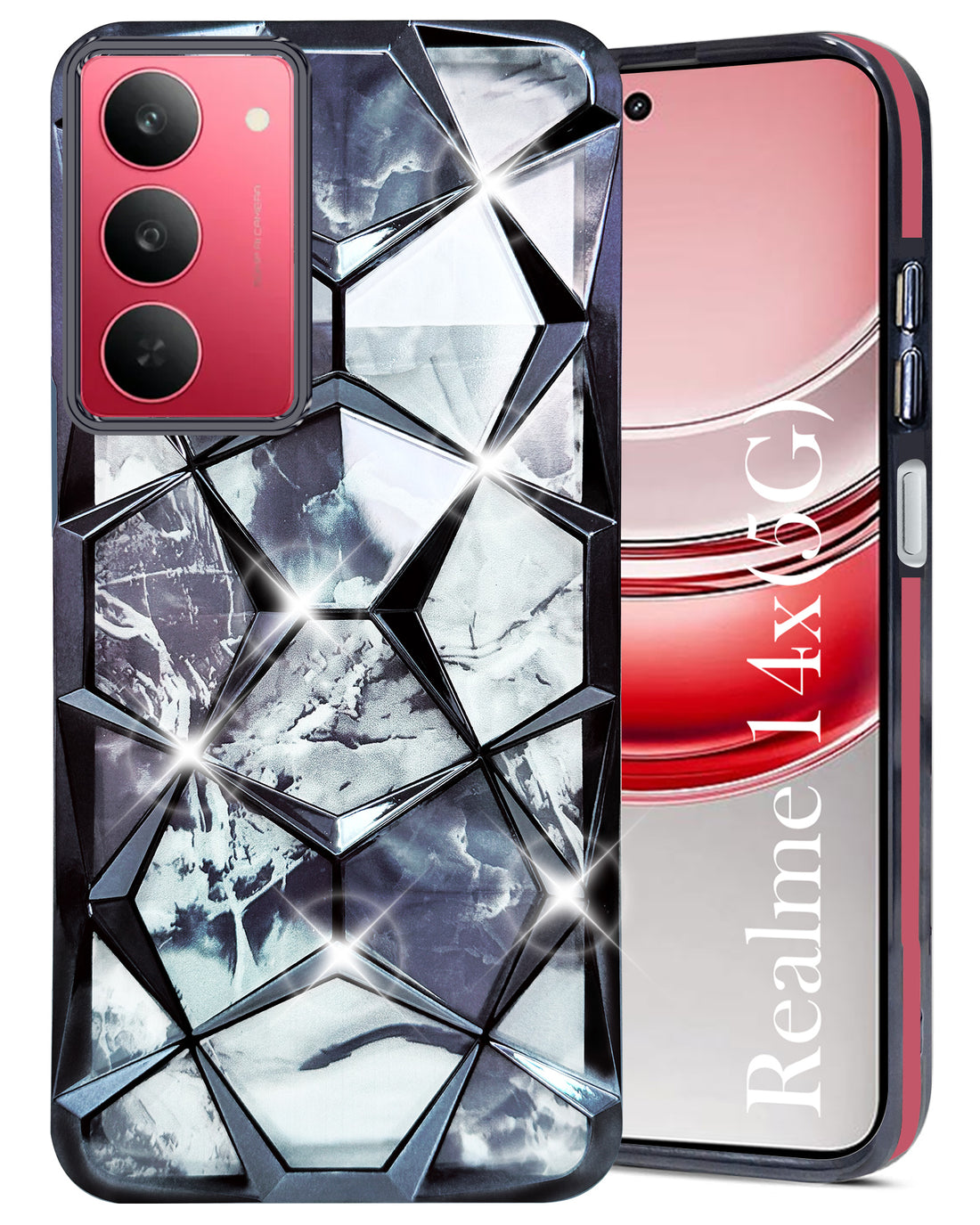 For Realme 14X Back Cover Case Girls (Dual Design Glitter Sparkle and Detachable Diamond Print Case | Soft and Flexible)