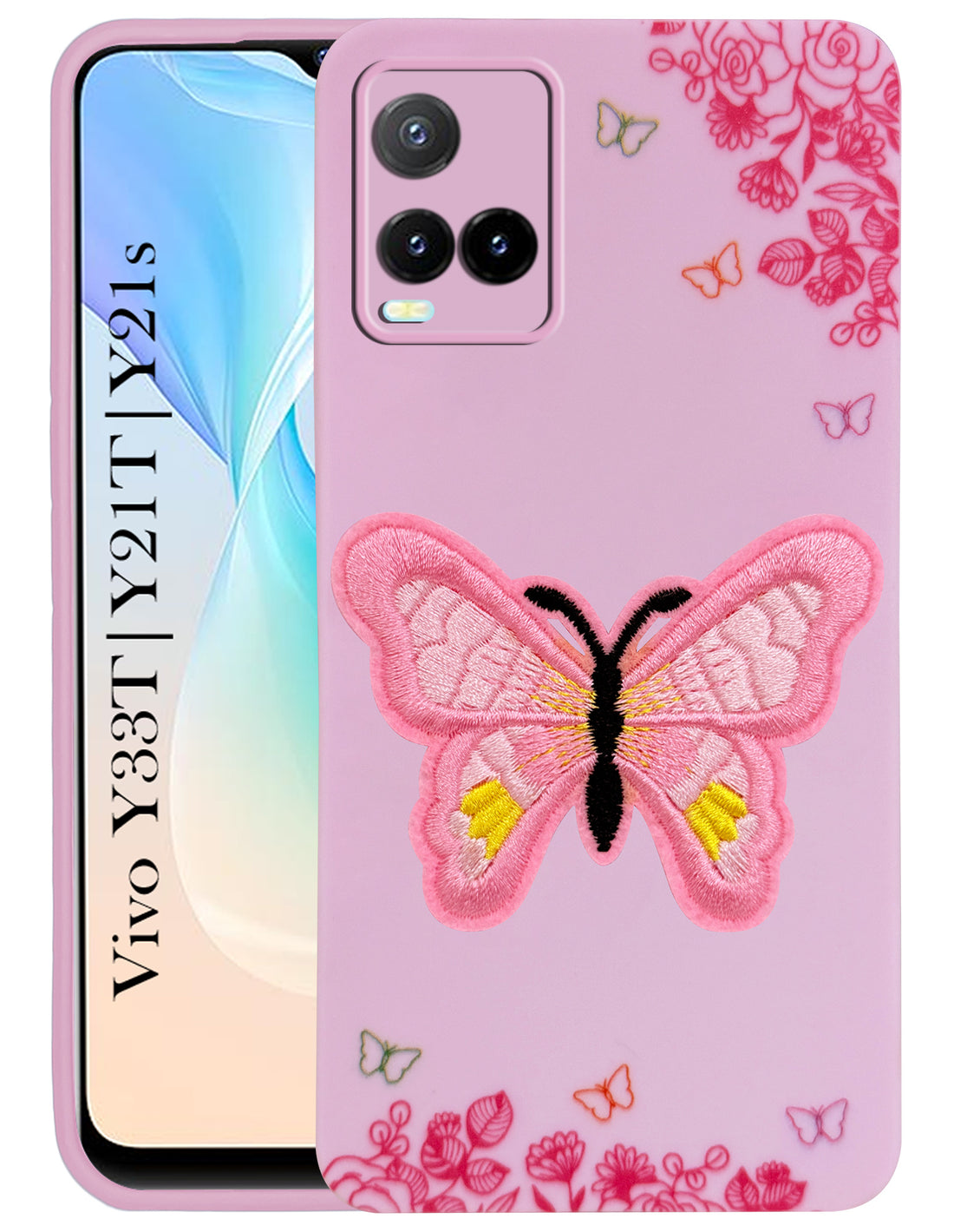 For Vivo Y33T | Vivo Y21T | Vivo Y21s Back Cover Case (Soft Butterfly Embroidery | Women Teen Girls | Camera Protection| Matte Silicone)