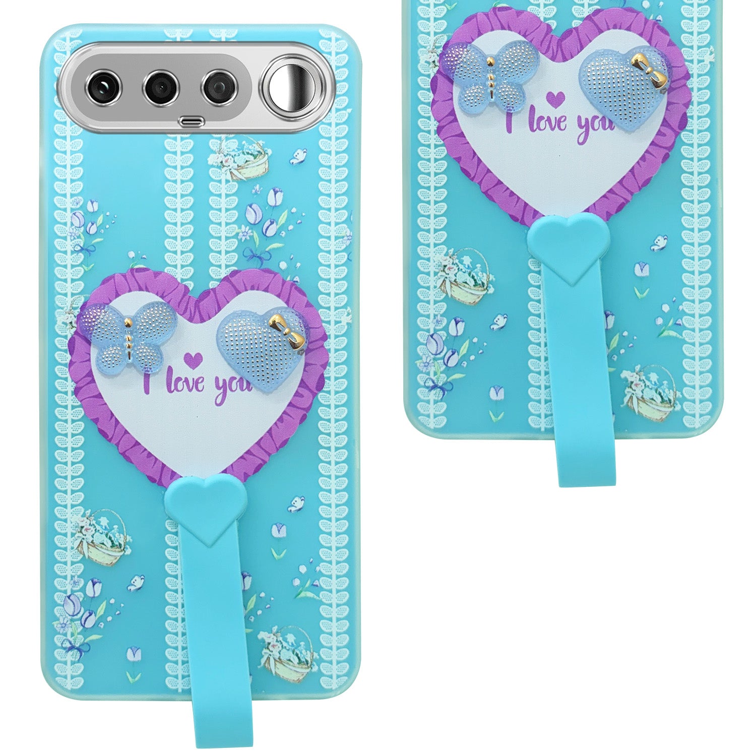For Realme 16 Back Cover Case (3D Cute Heart Strap Holder | Camera Protection | Designer Girls Print)