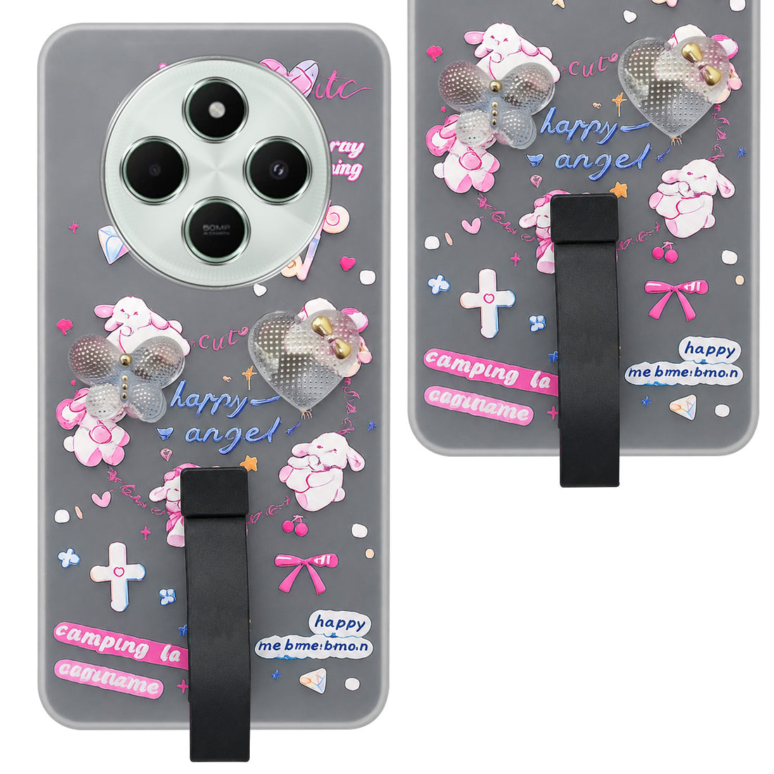 For Poco C75 | Poco M7 Back Cover Case (3D Cute Heart Strap Holder | Camera Protection | Designer Girls Print)