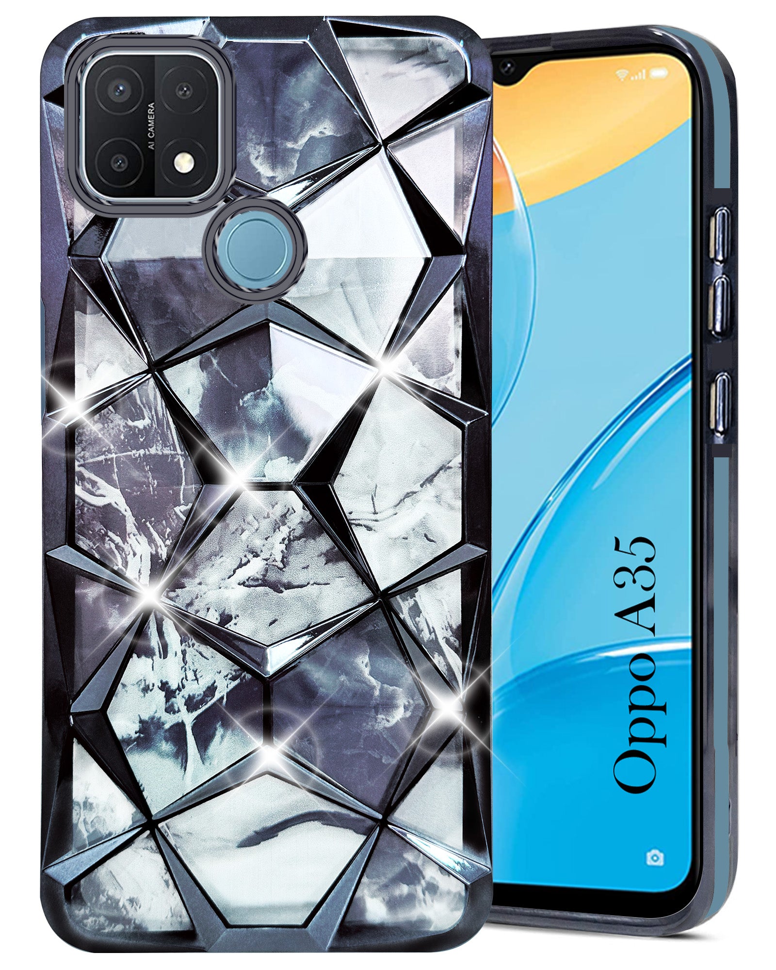 For Oppo A35 Back Cover Case (Dual Design Glitter Sparkle and Detachable Diamond Print Case | Soft and Flexible)