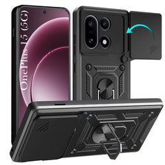 For OnePlus 15 5G Back Cover Case Hybrid Armor (Sliding Shutter Camera Protection | Polycarbonate |Ring Holder Kickstand)