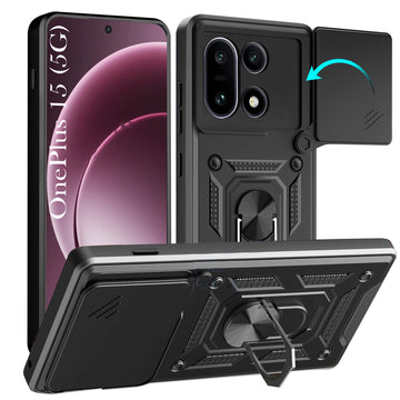For OnePlus 15 5G Back Cover Case Hybrid Armor (Sliding Shutter Camera Protection | Polycarbonate |Ring Holder Kickstand)