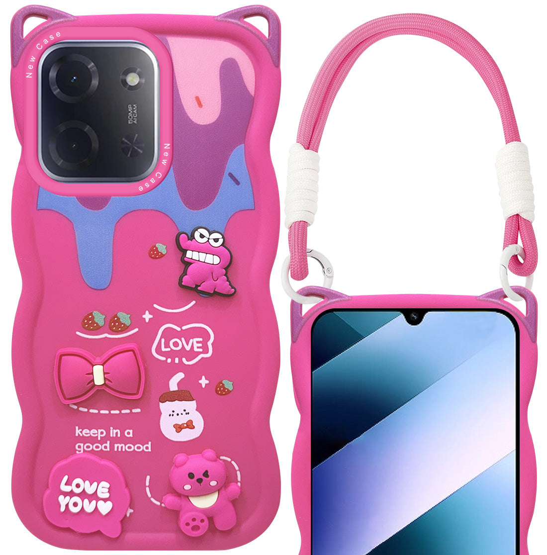 For Poco C85 5G Back Case Cover Strap (3D Embossed Figures | Strap Holder | 360* Soft Cushion with Camera Bump)