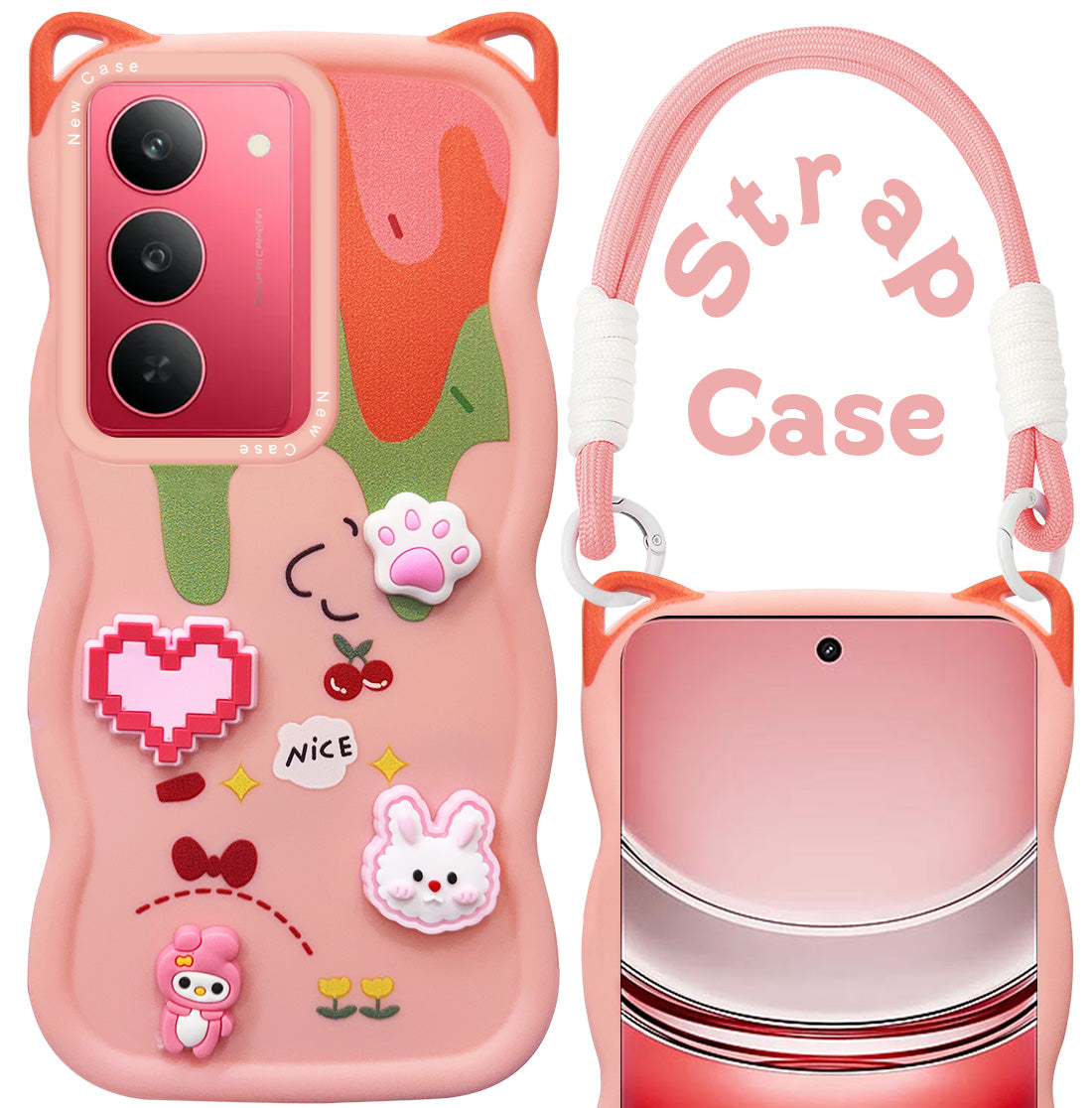 For Realme 14X Back Case Cover Strap(3D embossed Figures | Strap Holder | 360* Soft Cushion with Camera Bump)