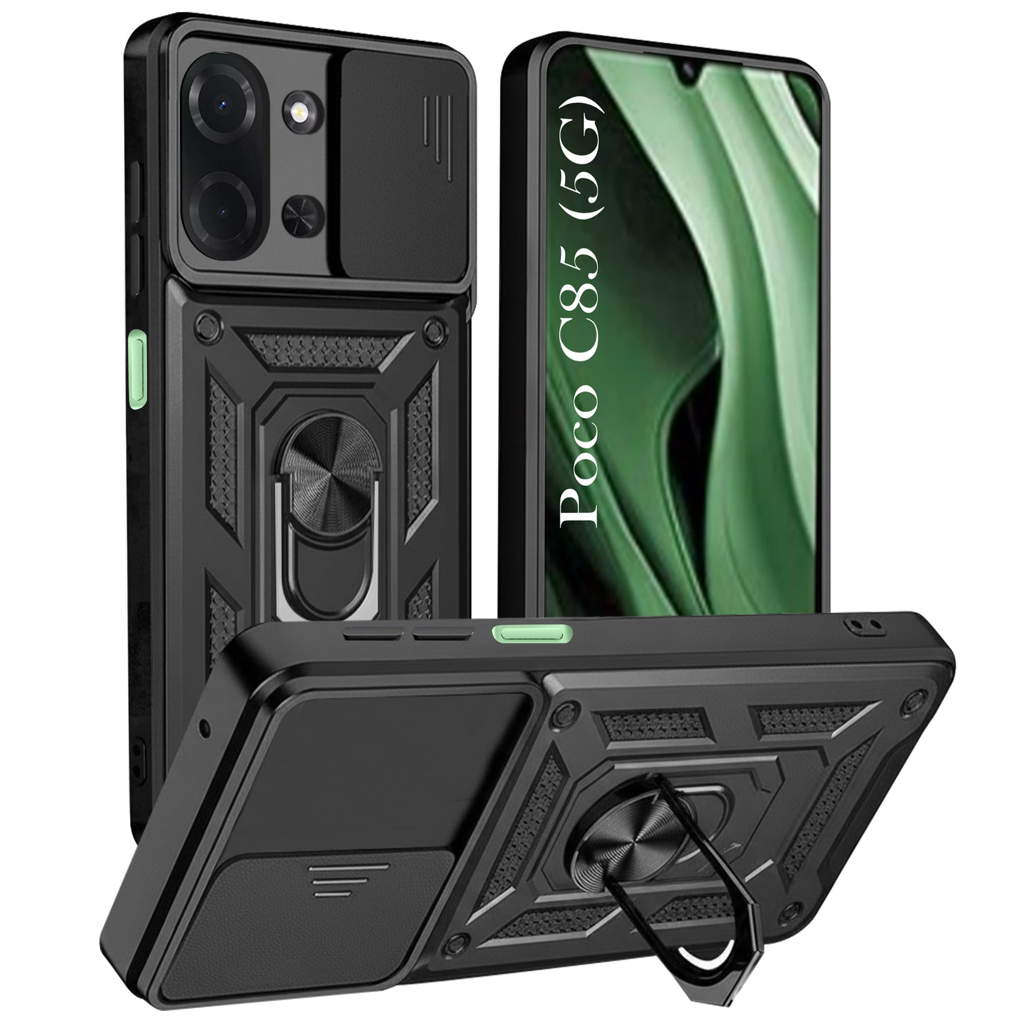 For Poco C85 5G Back Cover Case Hybrid Armor (Sliding Shutter Camera Protection | Polycarbonate |Ring Holder Kickstand)