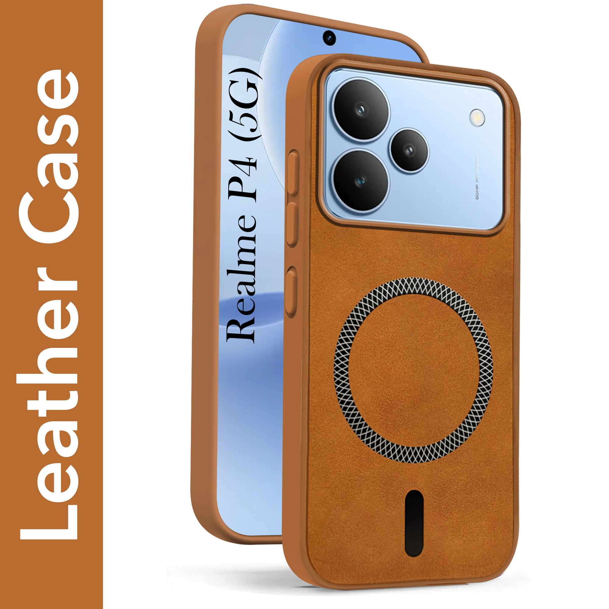 For Realme P4 Back Cover Case Leather Finish (MagSafe Compatible Wireless Charging | Soft Touch | Camera Bump Protection)
