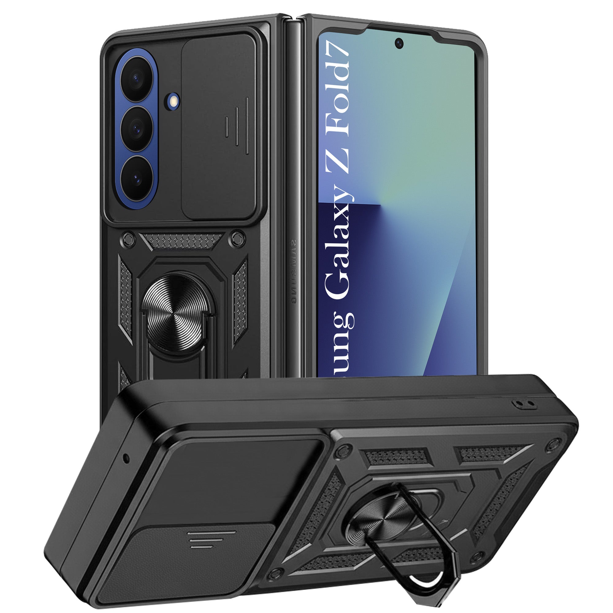For Samsung Galaxy Z Fold 7 Back Cover Case Hybrid Armor (Sliding Shutter Camera Protection | Polycarbonate |Ring Holder Kickstand)