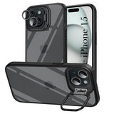 For Apple iPhone 15 Back Cover Case (Camera Lens Glass | Metal Stand Holder | Shockproof Hybrid | Anti Yellow |)
