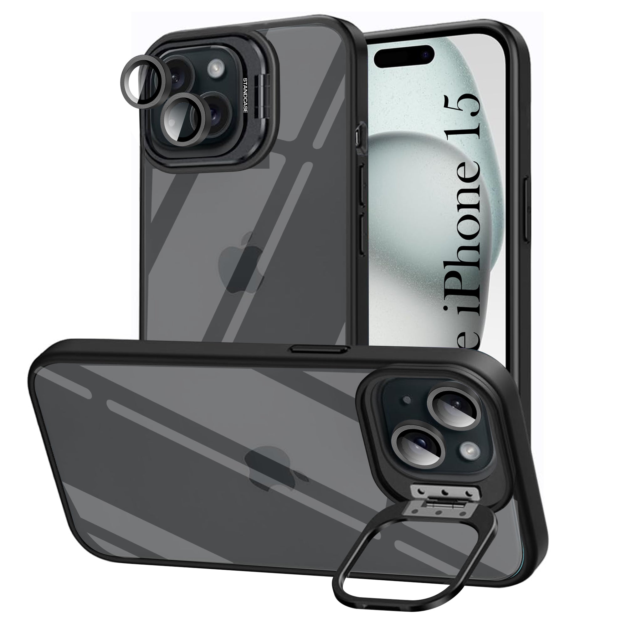 For Apple iPhone 15 Back Cover Case (Camera Lens Glass | Metal Stand Holder | Shockproof Hybrid | Anti Yellow |)