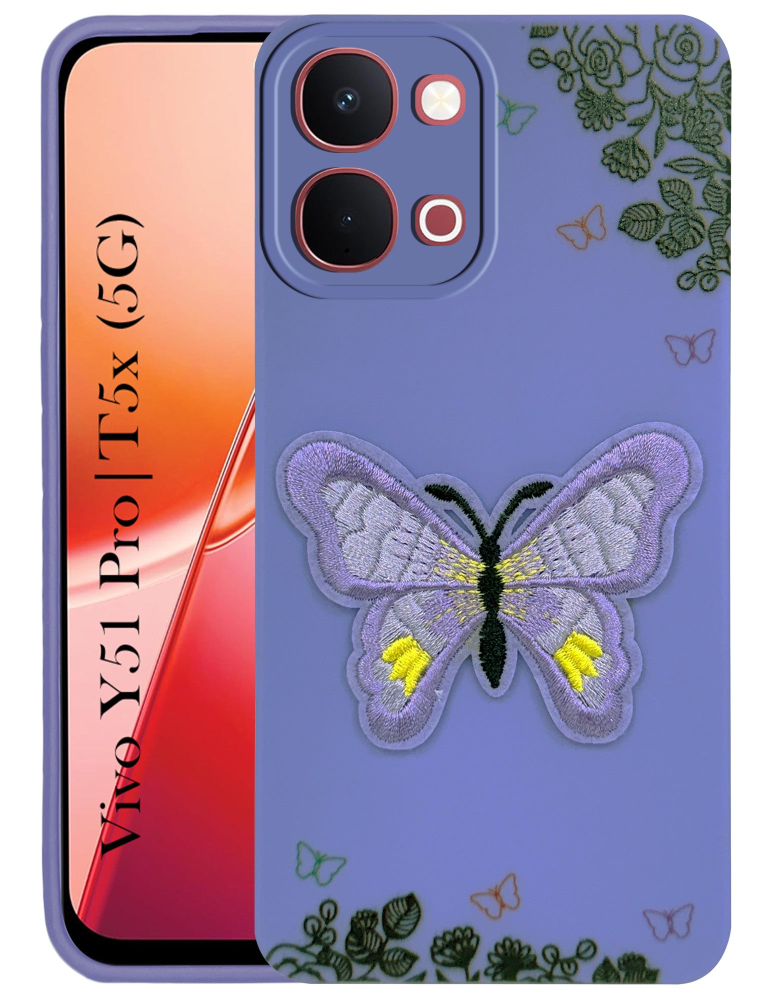 For Vivo Y51 Pro 5G | Vivo T5x Back Cover Case (Soft Butterfly Embroidery | Women Teen Girls | Camera Protection| Matte Silicone)