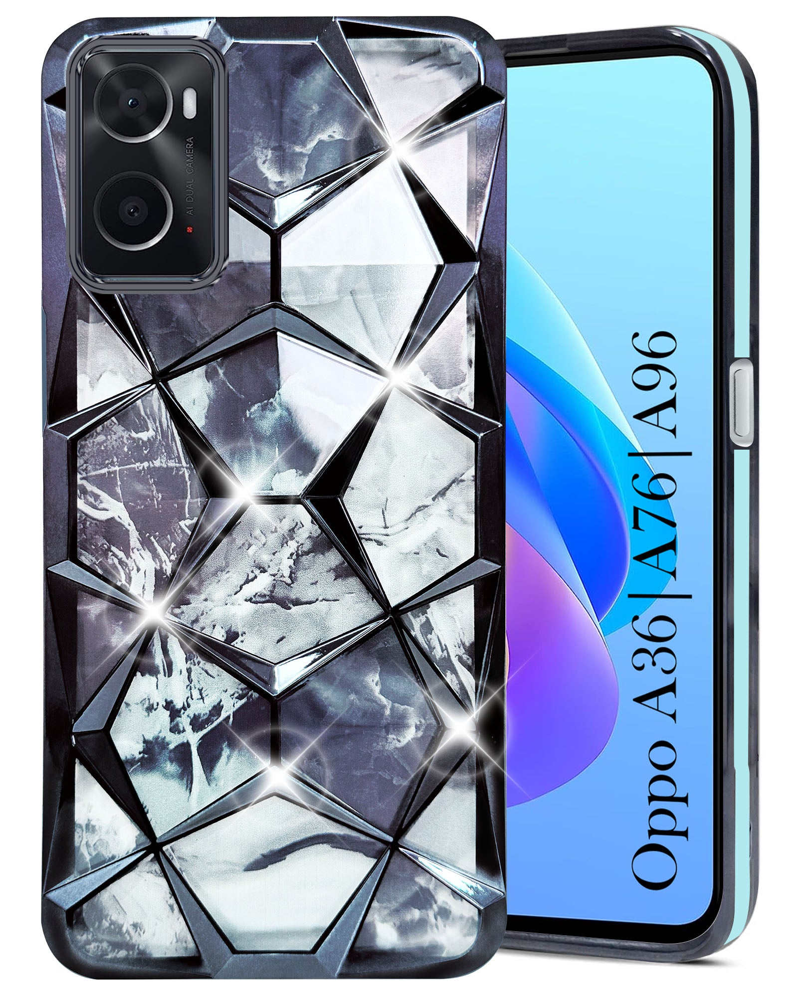 For Oppo A76 | A36 | A96 Back Cover Case (Dual Design Glitter Sparkle and Detachable Diamond Print Case | Soft and Flexible)