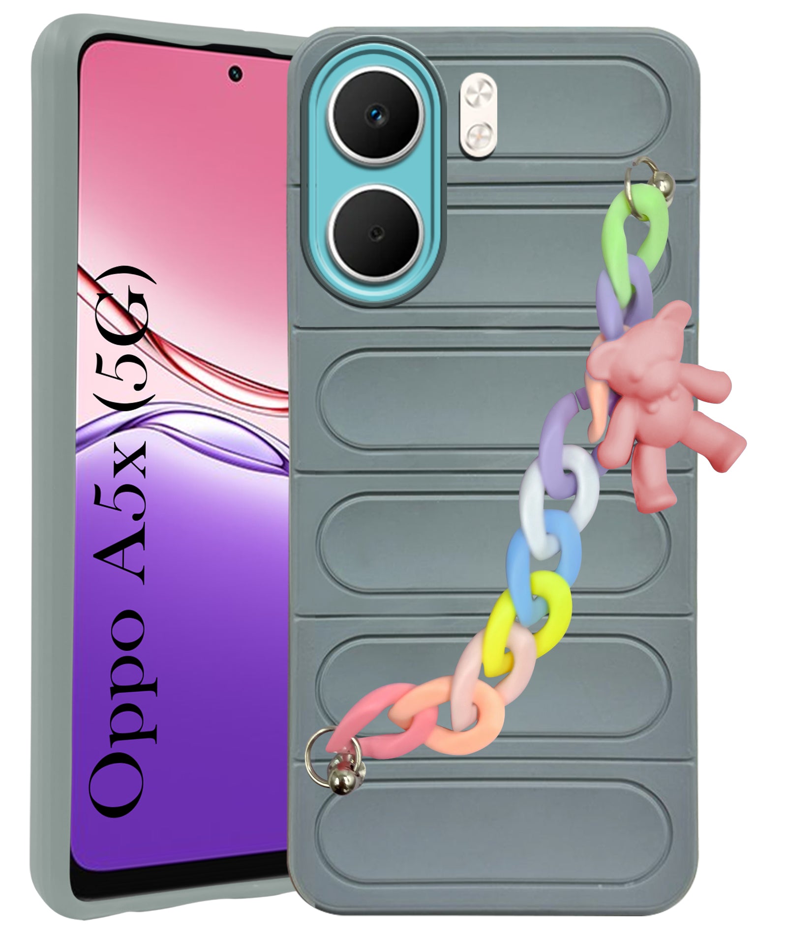 For Oppo A5X Back Cover Case (Wrist Hanging Chain | Teddy Bracelet Charms | Matte Liquid Silicone | Camera Protection Ring)