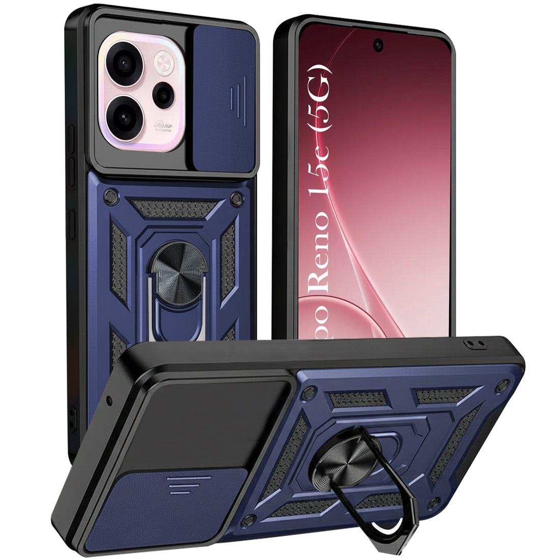 For Oppo Reno 15c Back Cover Case Hybrid Armor (Sliding Shutter Camera Protection | Polycarbonate |Ring Holder Kickstand)