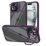 For Apple iPhone 15 Back Cover Case (Camera Lens Glass | Metal Stand Holder | Shockproof Hybrid | Anti Yellow |)