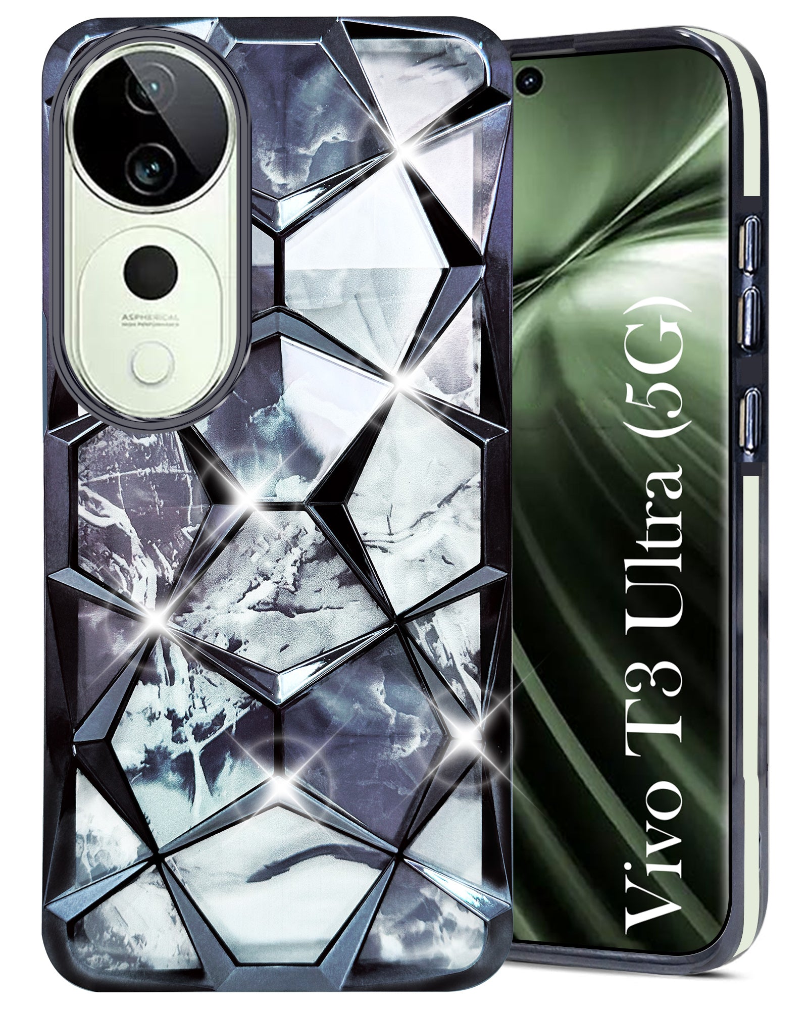 For Vivo T3 Ultra Back Cover Case ( Dual Design Glitter Sparkle and Detachable Diamond Print Case | Soft and Flexible)