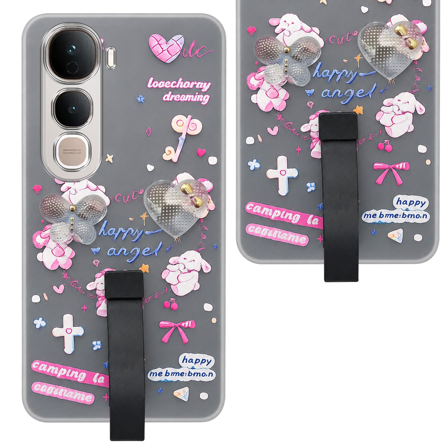For Vivo Y400 Pro Back Cover Case (3D Cute Heart Strap Holder | Camera Protection | Designer Girls Print)