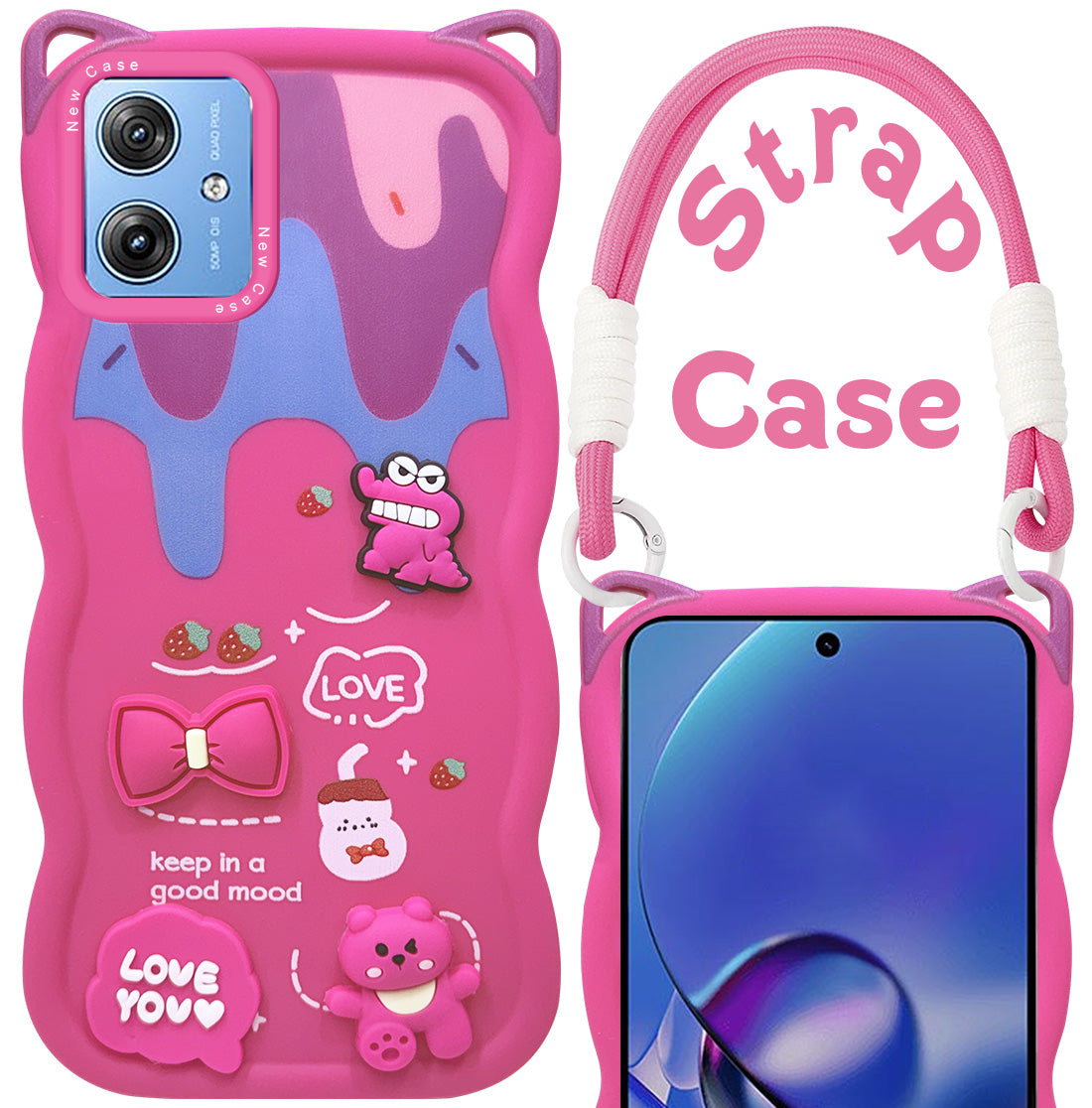 For Motorola Moto G64 5G Back Case Cover Strap (3D embossed Figures | Strap Holder | 360* Soft Cushion with Camera Bump)