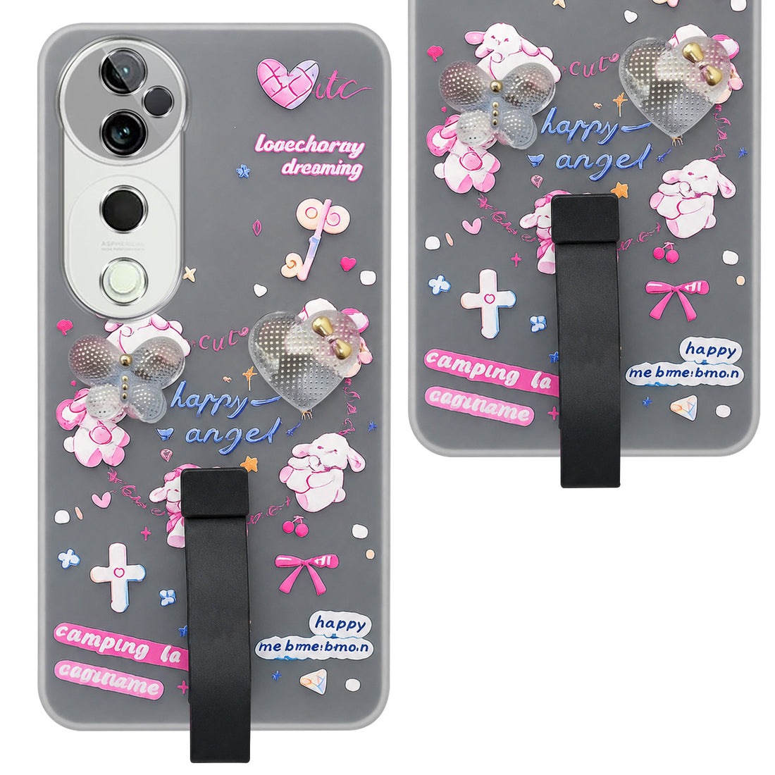 For Vivo T3 Ultra Back Cover Case (3D Cute Heart Strap Holder | Camera Protection | Designer Girls Print)