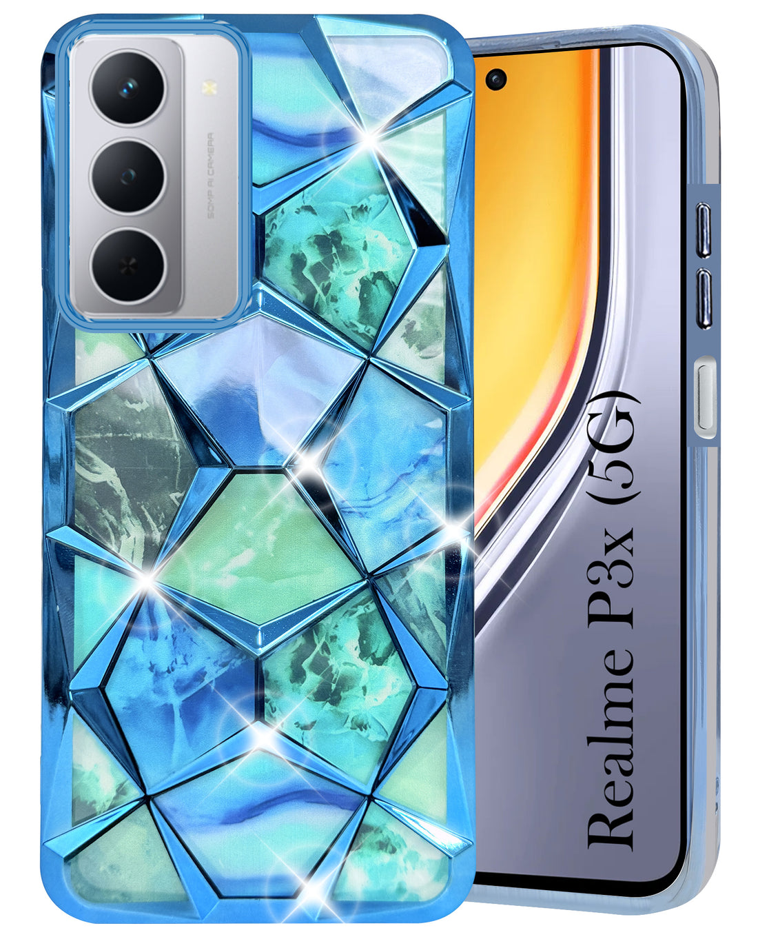 For Realme P3x Back Cover Case (Dual Design Glitter Sparkle and Detachable Diamond Print Case | Soft and Flexible)