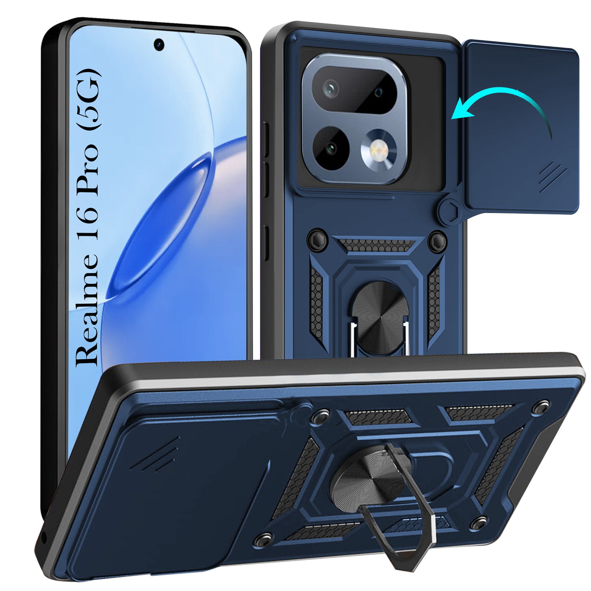 For Realme 16 Pro Back Cover Case Hybrid Armor (Sliding Shutter Camera Protection | Polycarbonate |Ring Holder Kickstand)
