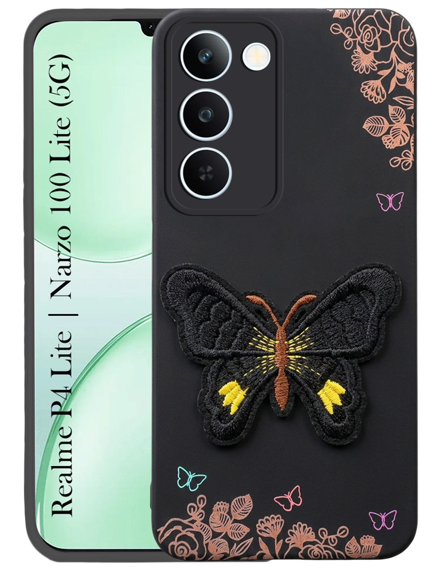 For Realme P4 Lite 5G | Realme Narzo 100 Lite 5G Back Cover Case (Soft Butterfly Embroidery | Women Teen Girls | Camera Protection| Matte Silicone)