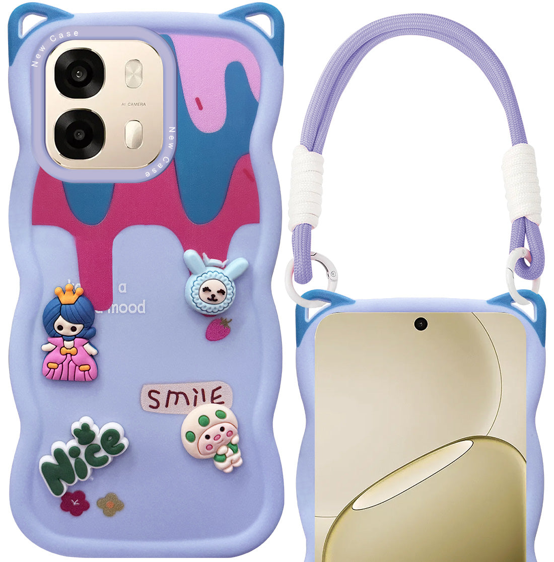 For Oppo A6 Pro Back Case Cover Strap (3D Embossed Figures | Strap Holder | 360* Soft Cushion with Camera Bump)