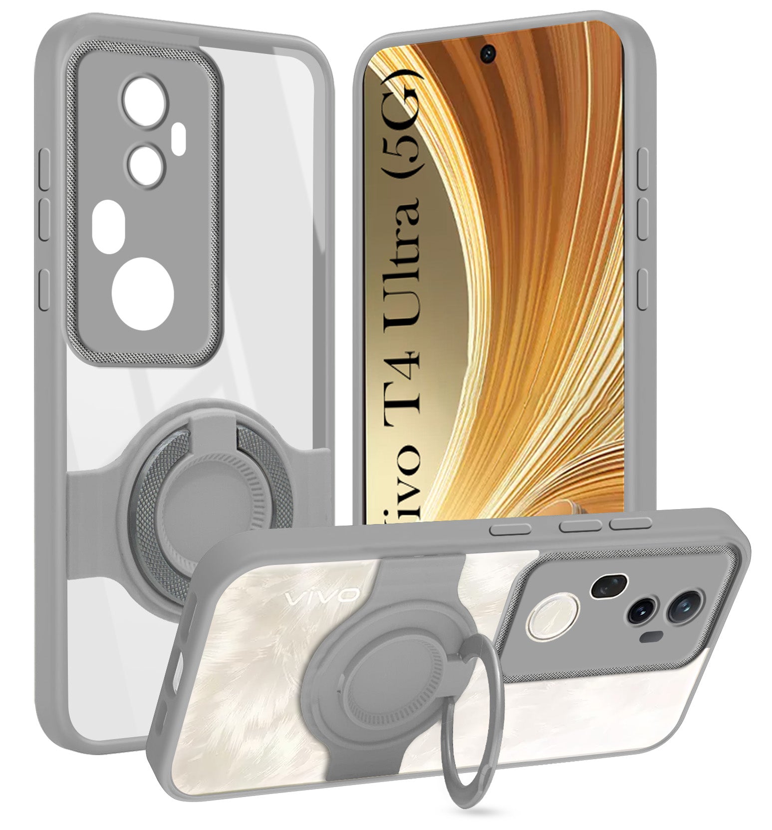 For Vivo T4 Ultra Back Cover Case with stand (Built-in Ring Holder Kickstand | Lifetime Anti Yellow | Camera Protection)