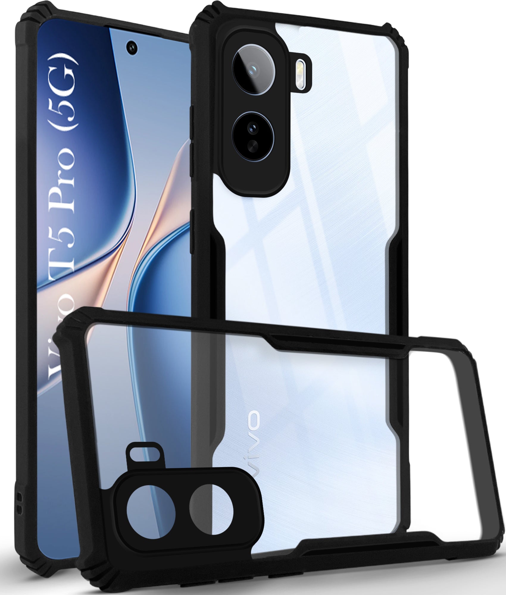 For Vivo T5 Pro 5G Back Cover Case Hybrid (Shockproof with Polycarbonate Clear Panel | Professional Black)