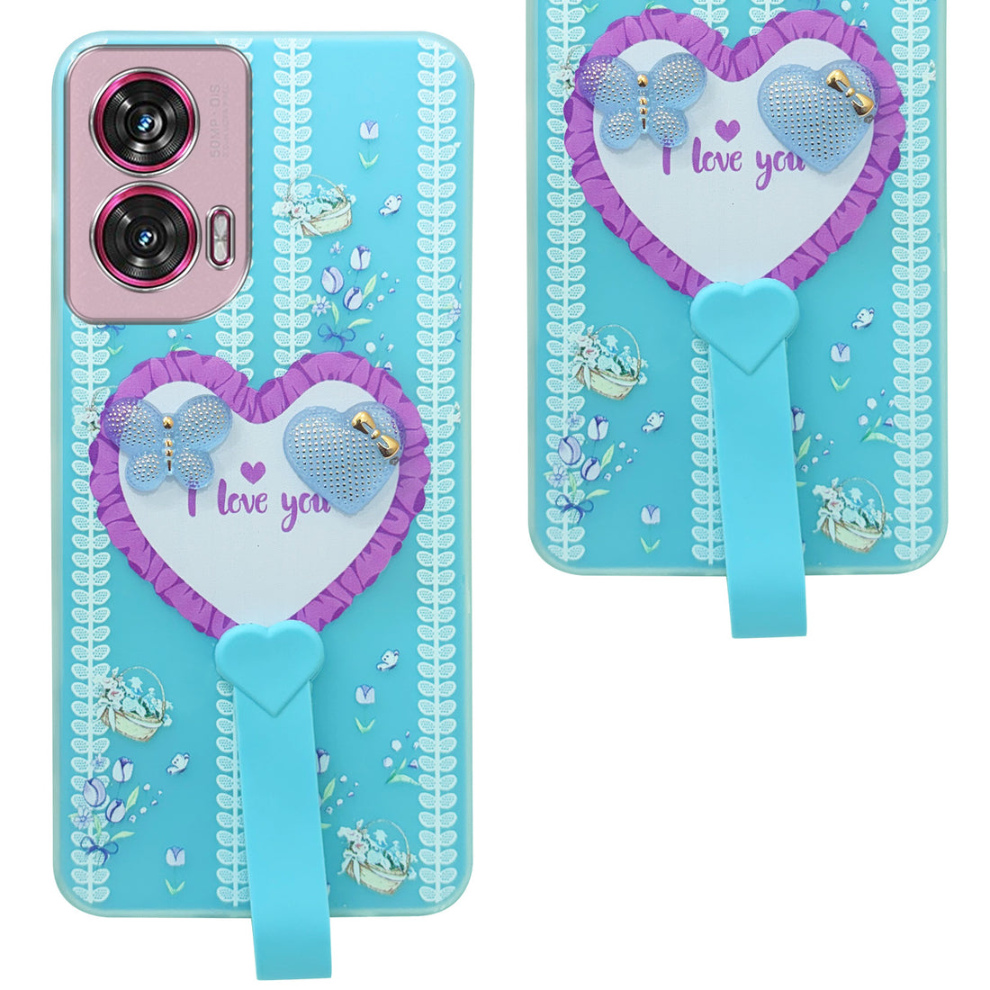 For Motorola Moto Edge 50 Fusion Back Cover Case (3D Cute Heart Strap Holder | Camera Protection | Designer Girls Print)