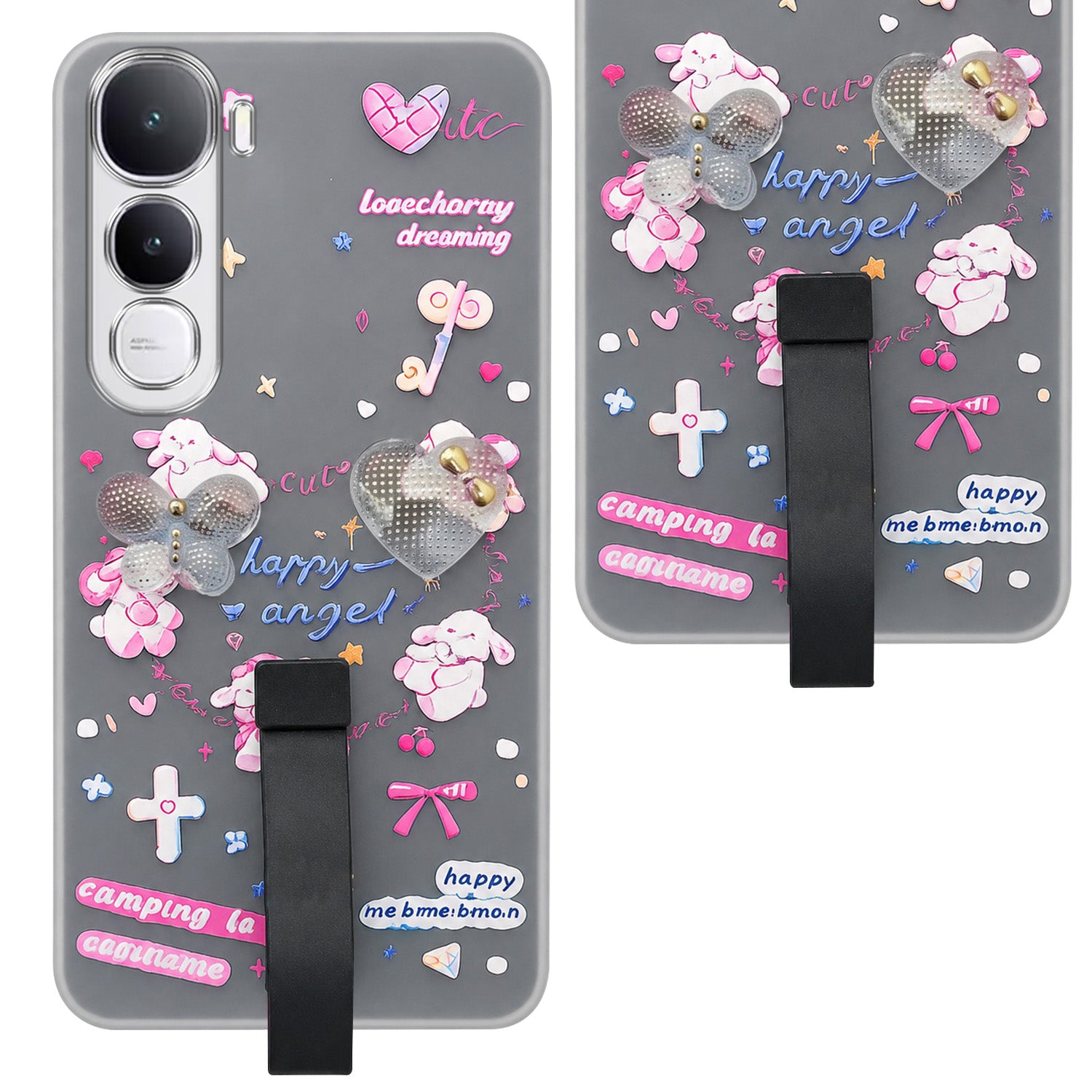 For Vivo Y400 Back Cover Case (3D Cute Heart Strap Holder | Camera Protection | Designer Girls Print)