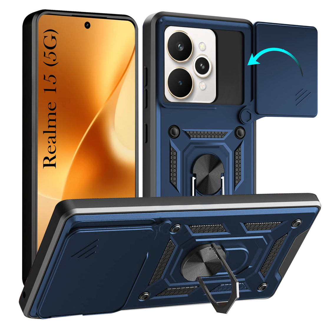 For Realme 15 Back Cover Case (Sliding Shutter Camera Protection | Polycarbonate |Ring Holder Kickstand)