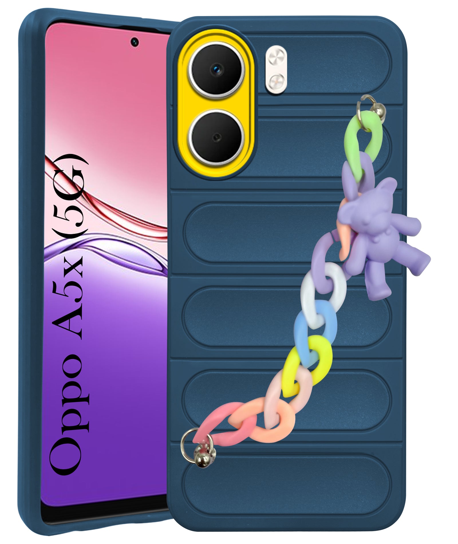 For Oppo A5X Back Cover Case (Wrist Hanging Chain | Teddy Bracelet Charms | Matte Liquid Silicone | Camera Protection Ring)
