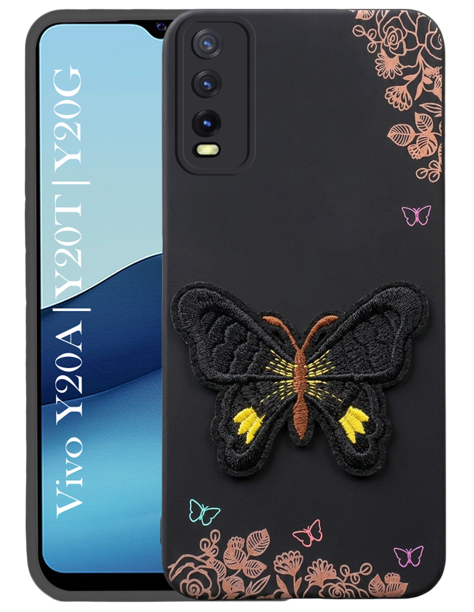 For Vivo Y20A | Y20T | Y20G Back Cover Case (Soft Butterfly Embroidery | Women Teen Girls | Camera Protection| Matte Silicone)